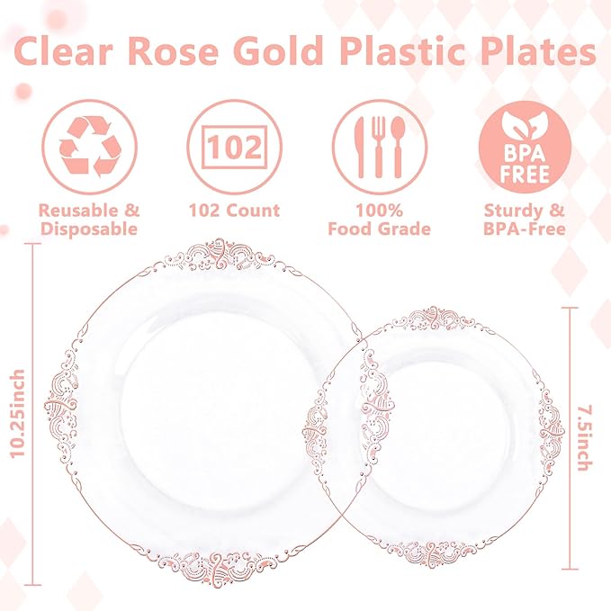 102PCS Rose Gold Plastic Plates - Clear Rose Gold Plate - Heavy Duty Disposable Plates - Fancy Disposable Dinner & Dessert Plate for 51 Guests for Party & Wedding