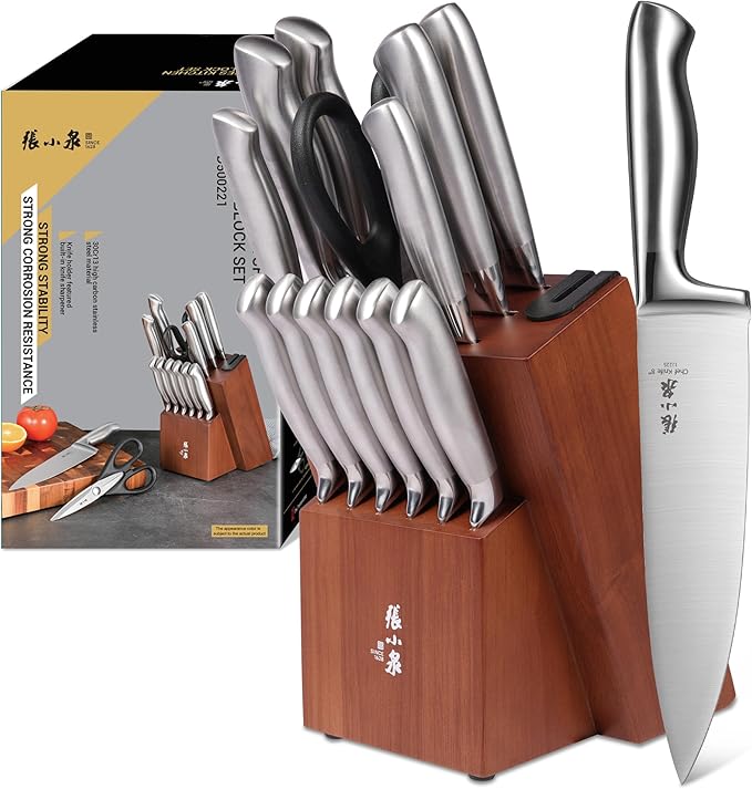 ZHANG XIAO QUAN Knife Set with White Block, High Carbon Stainless Steel Sharp Blades, Built-in Sharpener Kitchen Knife Block Set for Home Cooking