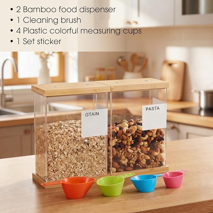 2 Pcs 4L Bamboo Food Dispenser Kitchen Organizers and Storage with Labels Airtight Pantry Organizers and Storage Container with Measuring Cups for Cereal, Rice, Flour, Sugar, Snack