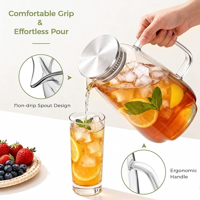 2 Pack Glass Pitcher with Lid and Handle for Fridge, Iced Tea and Coffee Carafe Beverage Serveware, 2 Liters/68 oz Heat Resistant Borosilicate Water Jug for Hot/Cold Drinks