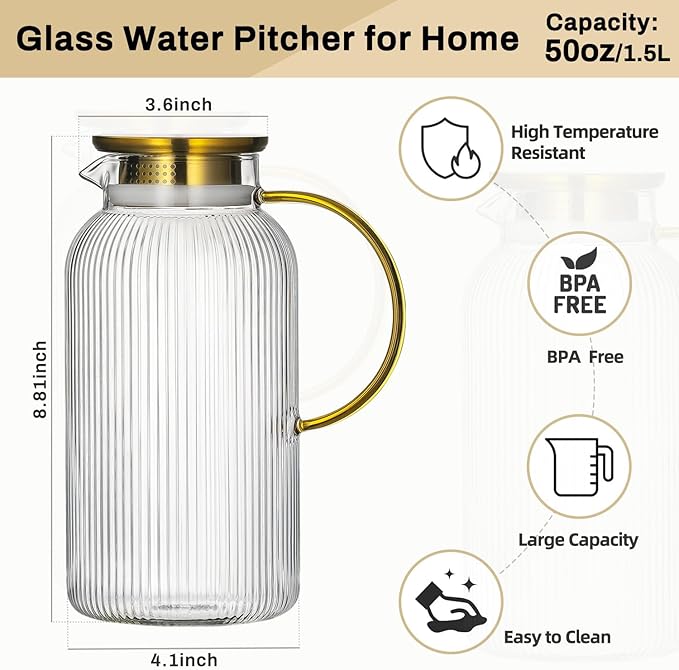 2 PACK Glass Pitcher with Lid, 50 oz/ 1.5 Liter Classic Vertical Stripes Water Pitcher with Yellow Handle,Glass Water Carafe for Cold Brew, Coffee, Lemonade, Iced Sun Tea,Beverage,Heat Resistant