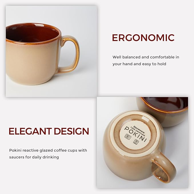 Stoneware Coffee Cups with Saucers, 6 Oz Cappuccino Cups Set of 4, Microwave & Dishwasher Safe, Perfect For Tea, Espresso, Latte, Ceramic Mugs for Kitchen or Cafe, Brown Yellow