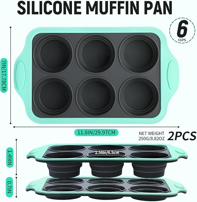 Muffin Pans for Baking 6 Cups, Silicone Foldable Muffin Pan with Metal Frame, Collapsible Cupcake Pan, Egg Bite Molds, Muffin Tin Tray for Baking Homemade Brownies Puddings (2)