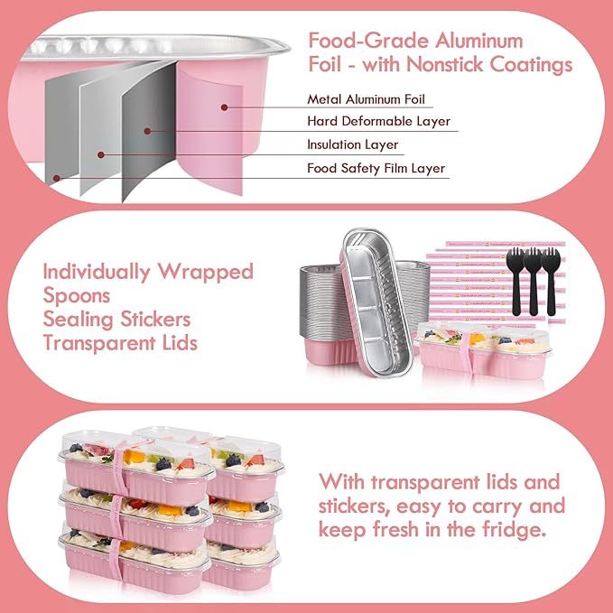 60 Pack Mini Loaf Pans with Lids and Spoons Sealing Sticker, 6.8oz Mini Cake Pans for Baking, Disposable Aluminum Foil Loaf Pans, Pink Loaf Baking Pans, Small Cake Containers With Lids