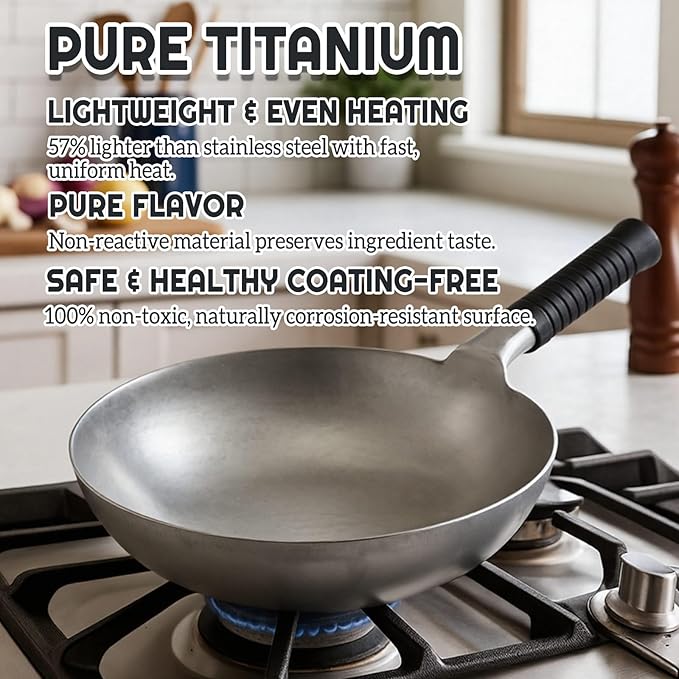 Pure Titanium Wok with Lid, Ultra Lightweight 2.5 Lbs Titanium Wok Single-piece Molded No Coating Rivetless Handcrafted Frying Pan Durable Cookware for Gas Stove Home & Outdoor Camping