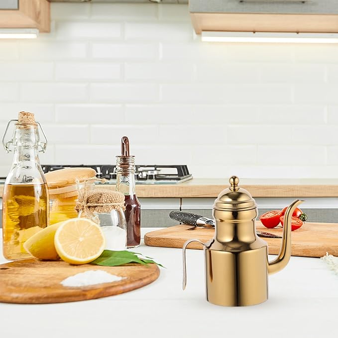 Stainless Steel Oil Bottle, 11oz Olive Oil Dispenser, Drip Free Spout, Oil Dispenser for Kitchen, Vinegar Pot, B-Golden