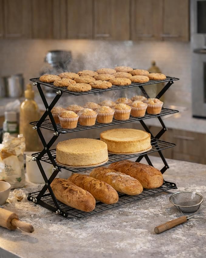 4 Tier Collapsible Cooling Rack, Adjustable Stackable Wire Cooling Racks for Baking, Tight-Grid Cookie Cooling Rack, Space-Saving Baking Rack for Small Kitchen, Camping & BBQ