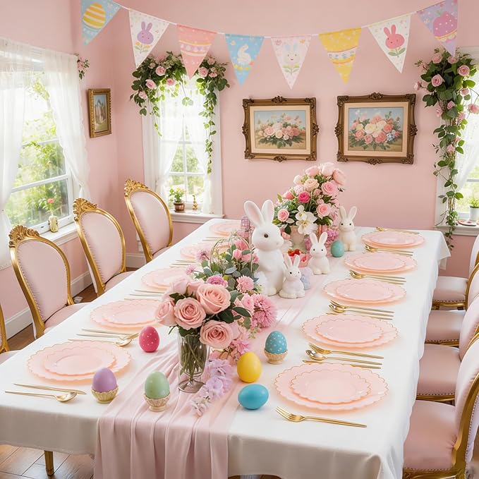 LIYH 120 Pcs Pink Plastic Plates Disposable Set Includes 60 Dinner Plate 10.25" & 60 Dessert Plate 7.5" with Elegant Gold Rim for Party Birthday Baby Shower Easter