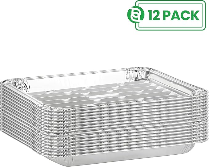 PARTY BARGAINS Aluminum Broiler Pans 12 Pack, Heavy-Duty Disposable Grill & Roasting Pans for BBQ, Oven & Catering, Ribbed Bottom for Even Heat - (Max 240°C)