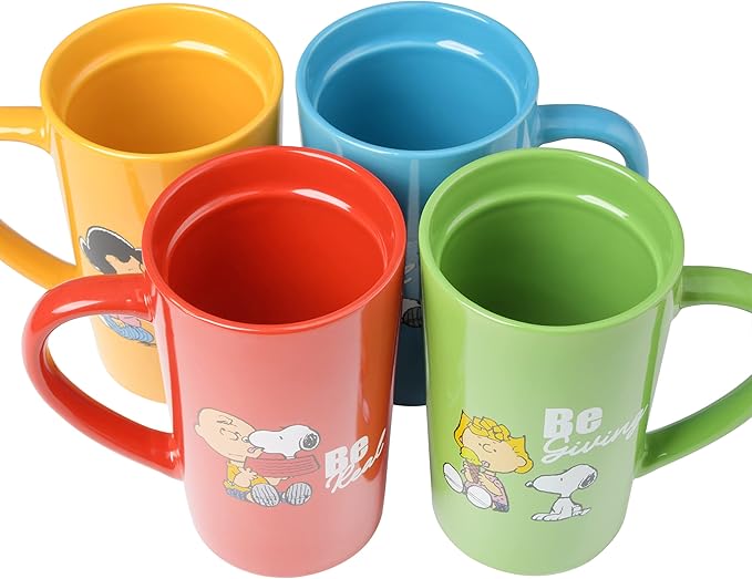 Peanuts Snoopy Gentle Reminders 18oz Travel Cup w/Lid, Stoneware, 4-Pack, Assorted Colors