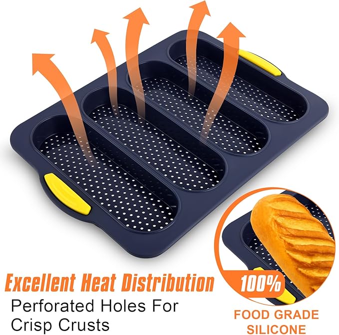 2 Pcs Silicone Bread Loaf Pan, Non-Stick Baguette Bread Pan Food Grade, 4-Cavity Perforated French Baking Mold for Homemade Bread, French Baguette, Sandwich Rolls