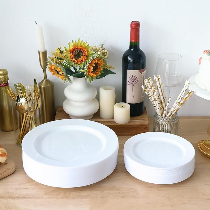 Moretoes 100PCS White Plastic Plates Disposable 10.25inch Dinner Plates and 7.5inch Dessert Salad Plates Heavy Duty Plates for Wedding Party and Birthday