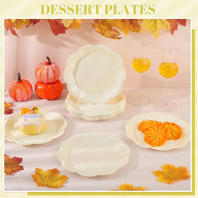 30 Pcs Paper Plates 7 In Ivory Party Plates Scalloped Paper Plate Cute Disposable Cake Plate for Baby Shower, Bridal Shower, Birthday, Wedding