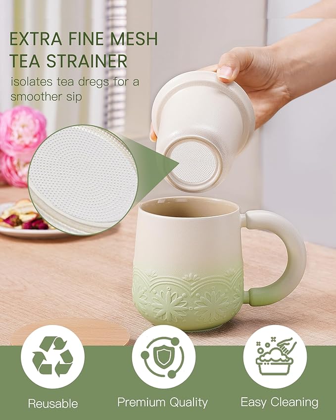 ZENS Tea Mug with Infuser and Lid, 11 oz Embossed Ceramic Loose Leaf Tea Steeper Cup, Wood Lid & Fine Strainers, Loose Tea Diffusers for Tea Lovers Gifts, Pale Green