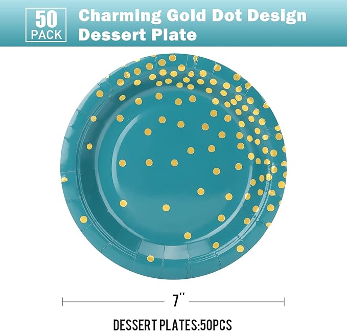 Blue Green and Gold Paper Plates,50pcs 7inch Gold Dot Party Dessert Plates,Disposable Foil Polka Dots Paper Plate for Father's Day,Independence Day,Birthday,Picnics