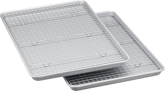 Amazon Basics Ceramic Nonstick Baking Sheets & Cooling Rack Set, Dishwasher Safe, Oven Safe, Half Sheet Size, Gray, 2-Pack