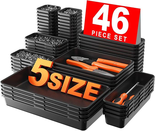 A-LUGEI【𝟰𝟲𝗣𝗖𝗦 & 5 Size】Tool Box Organizer Tray Divider Set, 【Black】 Bathroom Drawer Organizer Bin, Garage Organization and Storage Toolbox Rolling Tool Chest Cart Cabinet WorkBench Small Part