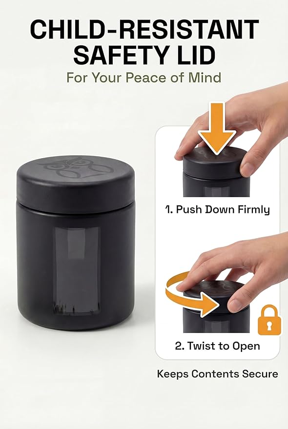 Treehouse Smell Proof Containers (120mL), Jars with Airtight Lids for Herbs, Spices, Coffee and Tea, Air Tight Glass Storage Jars with UV Protection Glass, (Set of 4) (Matte Black)