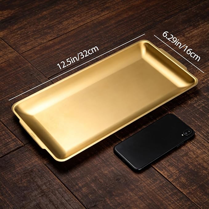 304 Stainless Steel Food Serving Tray, 12.6 Inch Rectangular Serving Tray Platters with Brushed Finish, Ideal for Kitchen Party Organizer Dining Buffet and Outdoor Events (Gold)