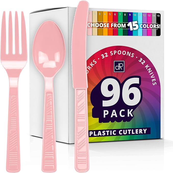 DecorRack Plastic Cutlery Set, Pink Colored Plastic Silverware Sets for Parties, 96 Piece Bulk Heavy Duty Utensils (Pink, 96 Pieces)