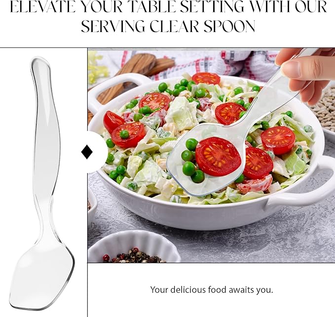 LemonRoad 100 Pack Plastic Serving Spoons for Buffet, Clear Plastic Serving Utensils for Hot and Cold Food, Large Heavy Duty Disposable Utensils for Parties, Holidays and Gatherings