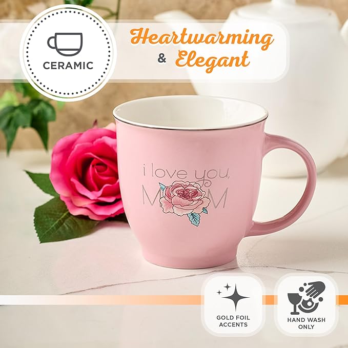 Christian Art Gifts Pink Floral Ceramic Coffee Mug – 14 oz. Lead and Cadmium-free Inspirational Scripture Coffee and Tea Mug for Mothers with Encouraging Words: I Love You Mom & Bible Verse: Prov.3:15