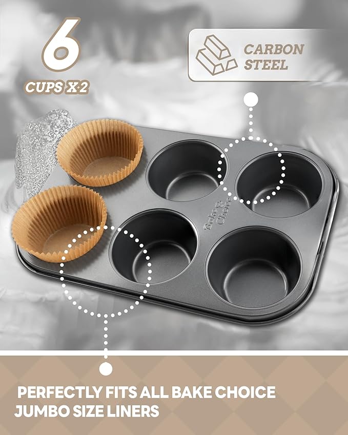 2 Pack Jumbo Muffin Pan for Baking, Extra Large Cupcake Pan includes 50 Natural Jumbo Cupcake Liners, Muffin Tin Nonstick 6 Cup, Baking Pans Set, Carbon Steel Baking Supplies