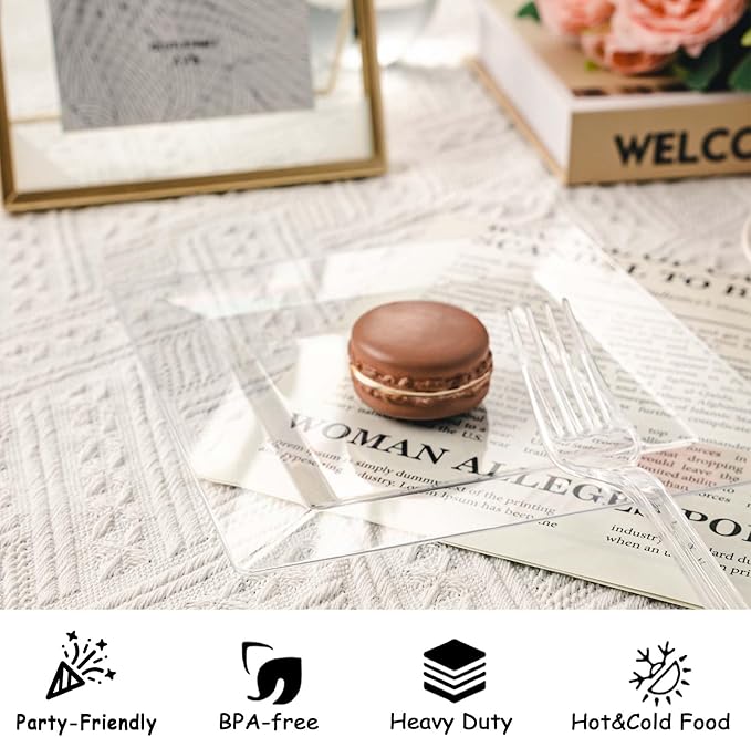 N9R 70PCS 6.5 Inch Square Clear Plastic Plates for Dessert & Appetizer, Durable Disposable Plates for Party, Wedding Events