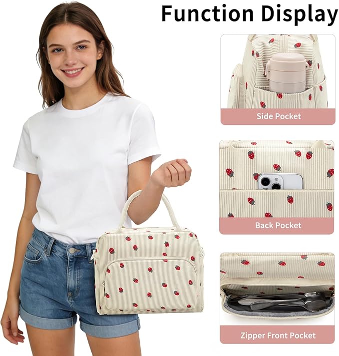 Lunch Box for Women Insulated Lunch Bag Women Adult Cute Lunch Bags Reusable Lunchbox Cooler Tote Bag for Work Picnic (Beige-Strawberry)