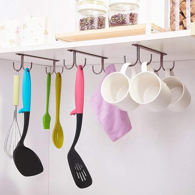 Mug Rack Under Cabinet - Coffee Cup Holder, 8 Mugs Hooks Under Shelf, Display Hanging Cups Drying Hook for Bar Kitchen Utensils Brown