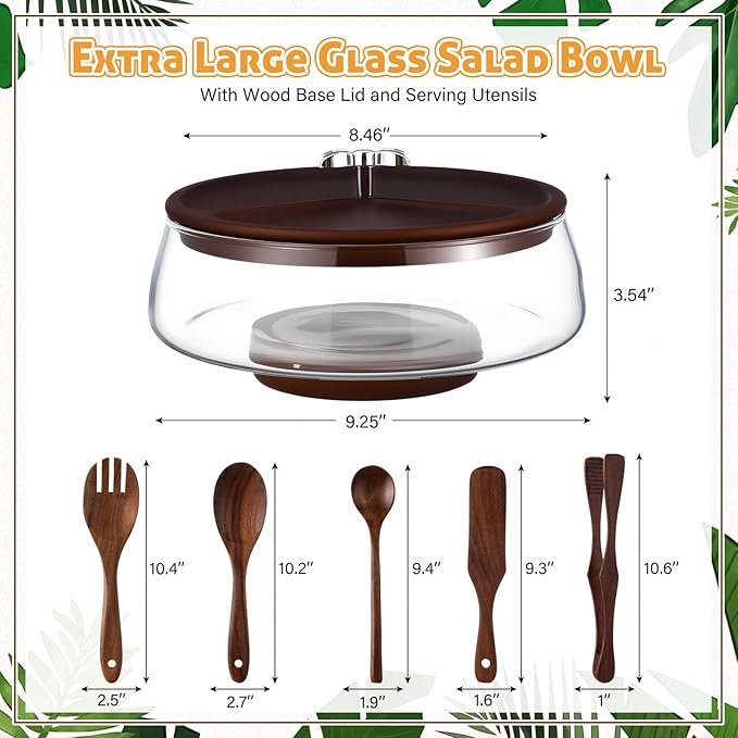 Hushee Large Glass Salad Bowl Set, Party Salad Bowl with Wood Base and Lid as Cheese Charcuterie Board and Plate, Comes with 5 Pieces of Elegant Wood Serving Utensils