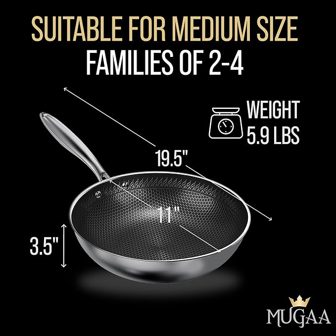 Woks & Stir-Fry Pans Nonstick 11" Stainless Steel Wok Pan with Lid | Tri-Ply Honeycomb Hybrid Stir Fry Pan | Induction & Oven Safe | Dishwasher Safe