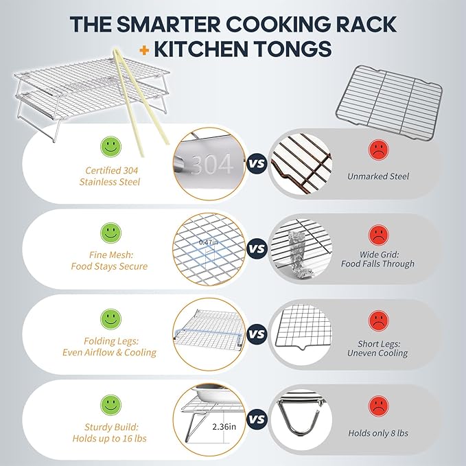 2 Tier 304 Stainless Steel Cooling Rack for Cooking and Baking, Oven Safe Wire Rack for Baking Sheet w/Silicone Tong, 13.4" x 9.4" Cookie Cooling Rack for Pizza, Bread, Stackable Baking Rack