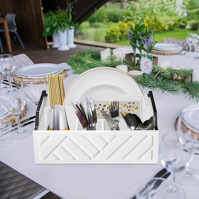 Paper Plate Dispenser and Holder for Kitchen Counter, Wood Rustic Silverware Utensil Caddy, Cutlery Flatware Organizer Box for Cups Spoons Forks Napkins, Kitchen Accessories
