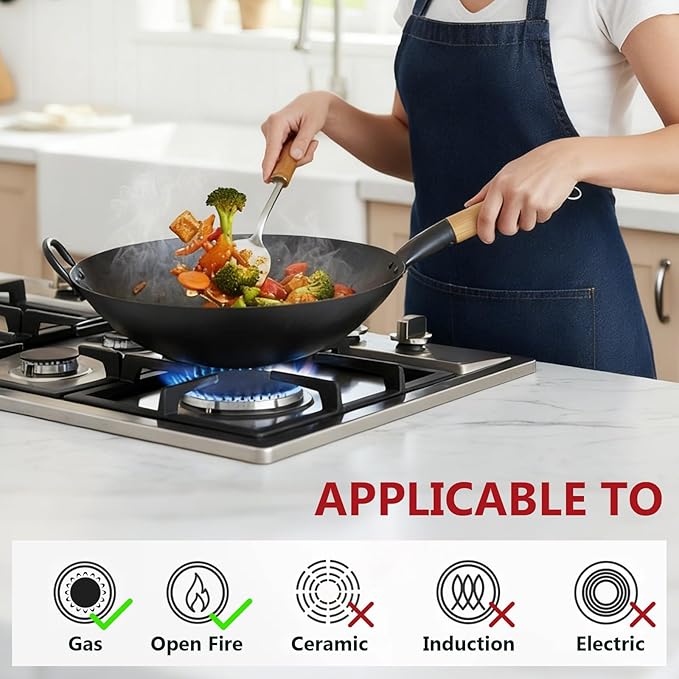 14 inch Carbon Steel Wok with Round Bottom-Free Chemical cookware for Gas Stoves, Open Fire-Hand Hammered Chinese Traditional Wok with Bamboo Handle(No lid included)