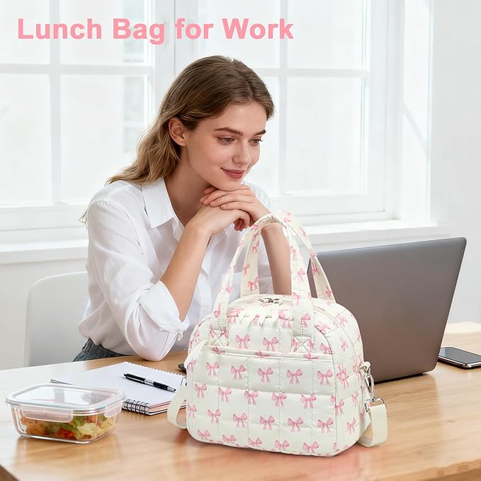 LEDAOU Lunch Box for Women Lunch bag Quilted Puffer Lunch Box with Adjustable Strap Insulated Reusable LunchBox for Work School Picnic Travel (Pink Bow - Beige)