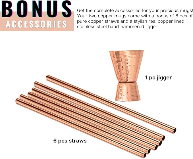 [Gift Set] Moscow Mule Mugs, Stainless Steel Lined Copper Moscow Mule Cups Set of 6 (18oz) w/Straws, Jigger, Spoon & Brush | Tarnish-Resistant Stainless Steel Interior