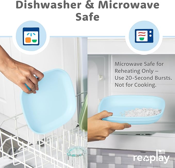 Re-Play Toddler Plates - 22 Oz. Deep-Walled Flat Kids Plates - Dishwasher & Microwave Safe - Made in USA - Set of 3-7.37" x 7.37" x 1.25" - Beach Baby
