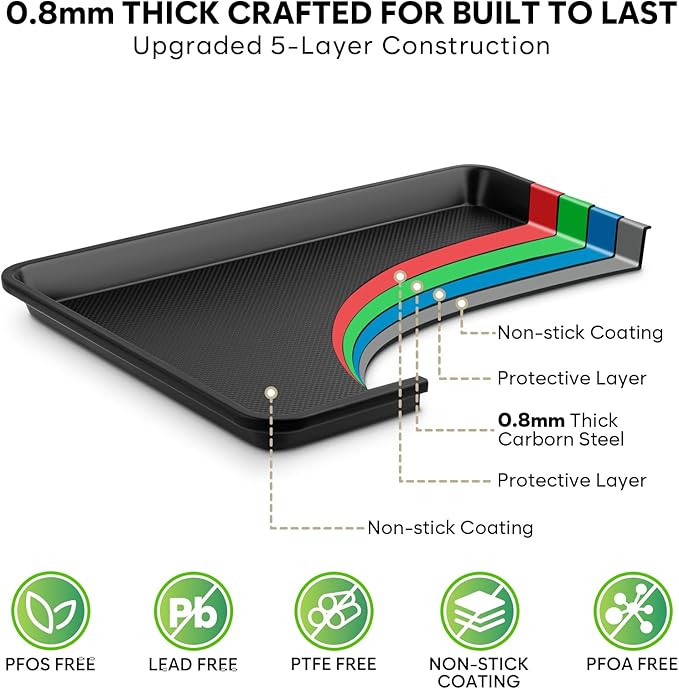 2 Pack Jelly Roll Pan 15.3” x 11.3” Cookie Sheets for Baking 0.8mm Thick Non Stick Baking Sheets for Oven Heavy Duty Baking Trays