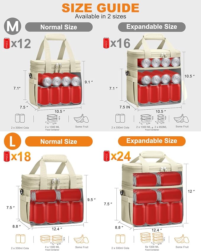 Lunch Box For Men Women Double Deck Insulated Lunch Bag For Men Woman Leakproof Expandable Cooler Bag with Adjustable Shoulder Strap for Kids Shool Work Picnic Camping(Beige,Large)