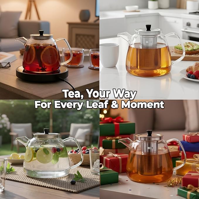 Aquach 42oz Glass Teapot with Removable Infuser - Stovetop & Dishwasher Safe Tea Kettle, Borosilicate Glass Pot for Hot & Iced Tea, Perfect for 2-4 People