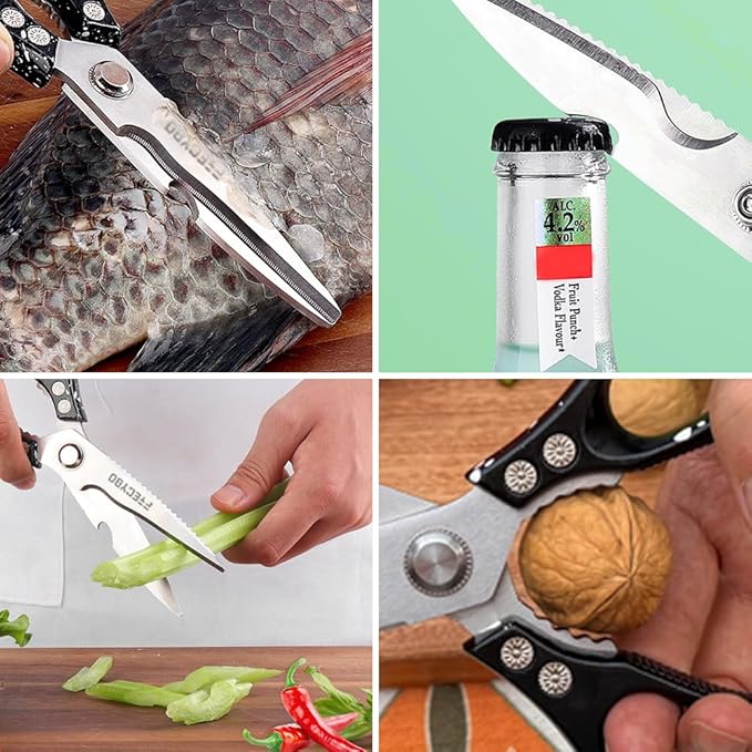 Heavy Duty Food Shears, Multi-Purpose Kitchen Scissors with Sharp Blades, 2-Pack Stainless Steel Food Shears for Kitchen, Poultry, Meat, Fish,Bone (Black)