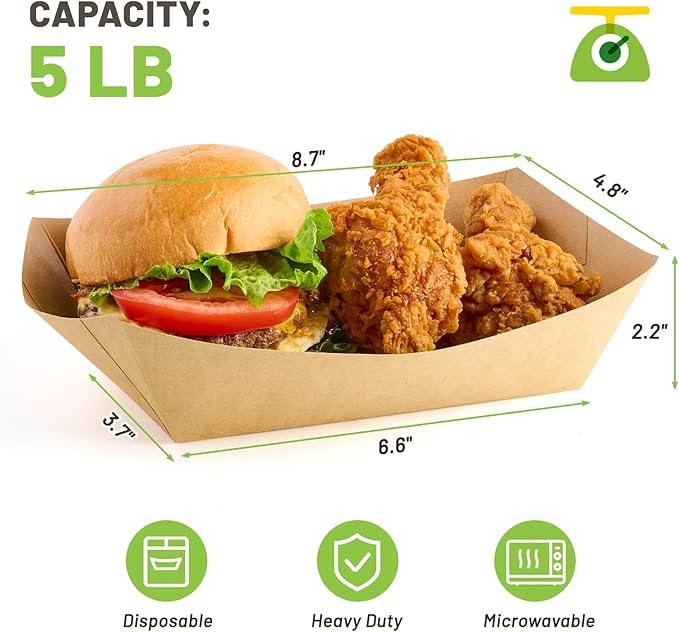 5 LB Extra Large Paper Food Trays, 100 Pack Disposable Nacho Trays Kraft Paper Food Boats Party Serving Baskets for Sandwiches Burgers Popcorns Snacks