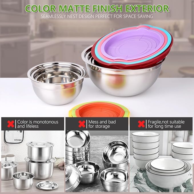 Mixing Bowls with Lids for Kitchen - 25 PCS Stainless Steel Nesting Colorful Mixing Bowls Set for Baking,Mixing,Serving & Prepping,Size 5, 3.7, 2.8, 2.3, 1.7, 1.1, 0.7QT,11 Cooking Utensils