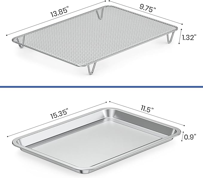 Baking Sheet with Wire Rack Set, 15.35''x 11.5'' Stainless Steel Cookie Sheet and Cooling Rack, Non-stick Cooking Pan with Grease Mesh Strainer Kitchen Bakeware for Smoker and Grills,Oven Safe