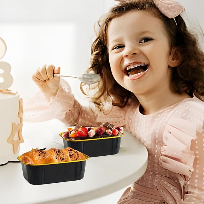 mini loaf pans with lids and spoons 50 Pack,5.5 oz Rectangle mini individual cake tins Disposable Small Aluminum Foil Baking pans (50, Black)