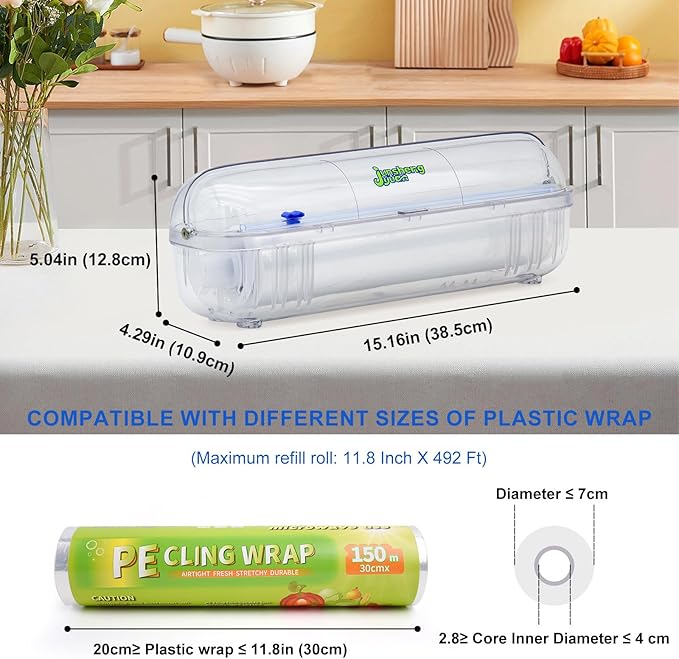 Kitchen Food Preservation Storage Set Reusable Dispenser - Nail-Free Wall Mounting/Countertop Use Cutting Box - Includes 1 Roll of Food-Grade PE Plastic Wrap 12 inch x 492 ft