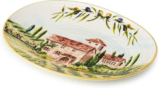 Tuscany Oval Platter – 16” Stoneware Serving Dish Featuring Scenic Italian Countryside with Villas, Vineyards & Olive Groves – Ideal for Roasts, Antipasto & Entertaining Guests
