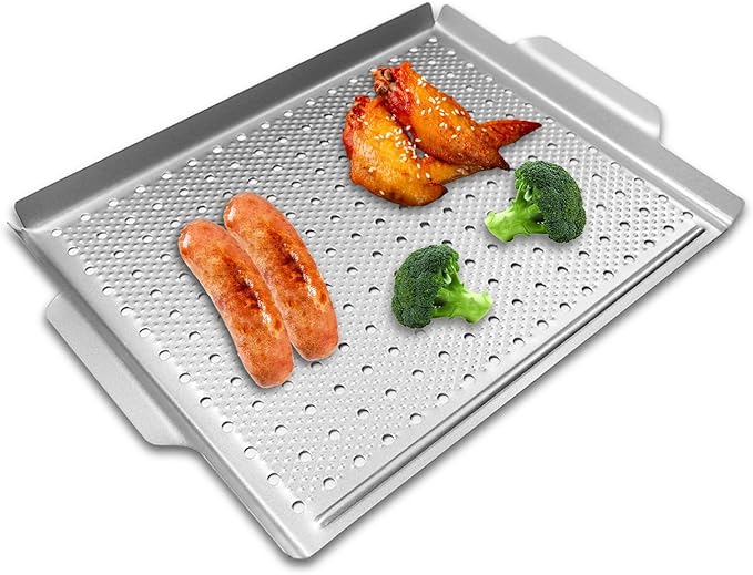 Grill Pan, Nonstick Grill Topper for Outdoor Grilling, Perforated BBQ Tray with Handles for Cooking Vegetable, Fish, Meat, Seafood