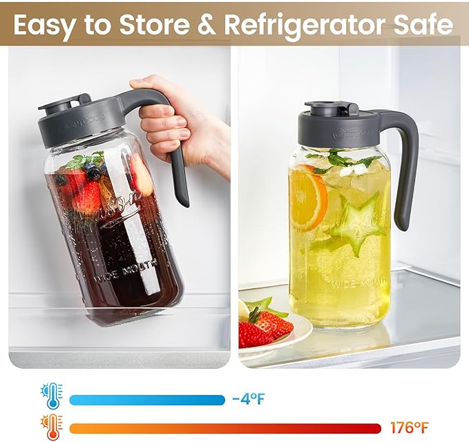 64 oz Mason Jar Pitcher with Lid - Wide Mouth, 2 Quart Glass Water Pitcher with Lid - Heavy Duty, Leak Proof - Sun & Iced Tea, Cold Brew Coffee, Lemonade, Breast Milk Storage